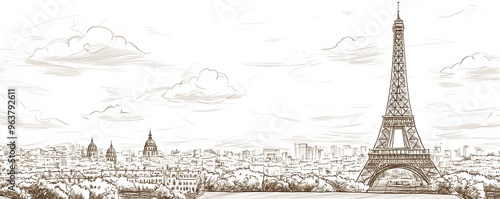 Hand-drawn sketch of the Eiffel Tower and cityscape of Paris