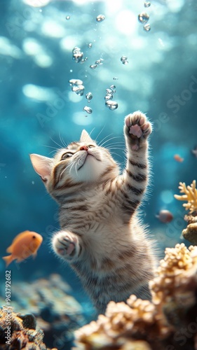 A cat diving into the sea, exploring vibrant coral reefs and interacting with marine life in an underwater adventure.