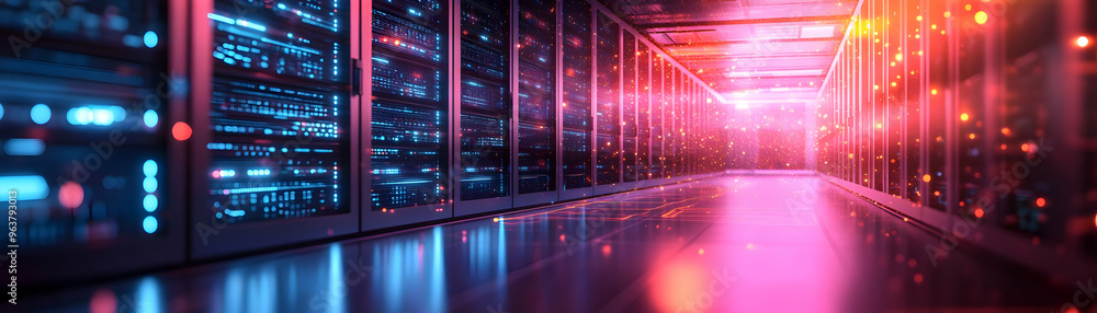 AI Driven Data Center Background: Glossy Visual of Modern Data Center with Glowing Server Racks, Digital Data Flows, and Focus on Technology Management, Transformation & Innovation AI Driven Data Center Background: Glossy Visual of Modern Data Center with Glowing Server Racks, Digital Data Flows, and Focus on Technology Management, Transformation & Innovation