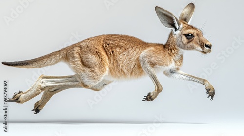 Dynamic shot of a kangaroo mid-jump against a white background, capturing its energy photo