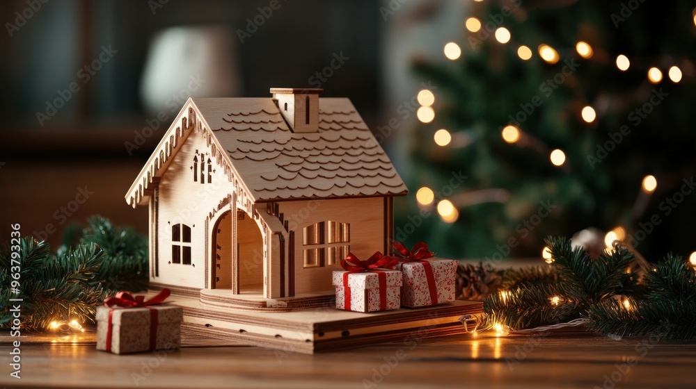 A wooden house model surrounded by gifts and greenery, evoking a festive atmosphere. A wooden house model surrounded by gifts and greenery, evoking a festive atmosphere.