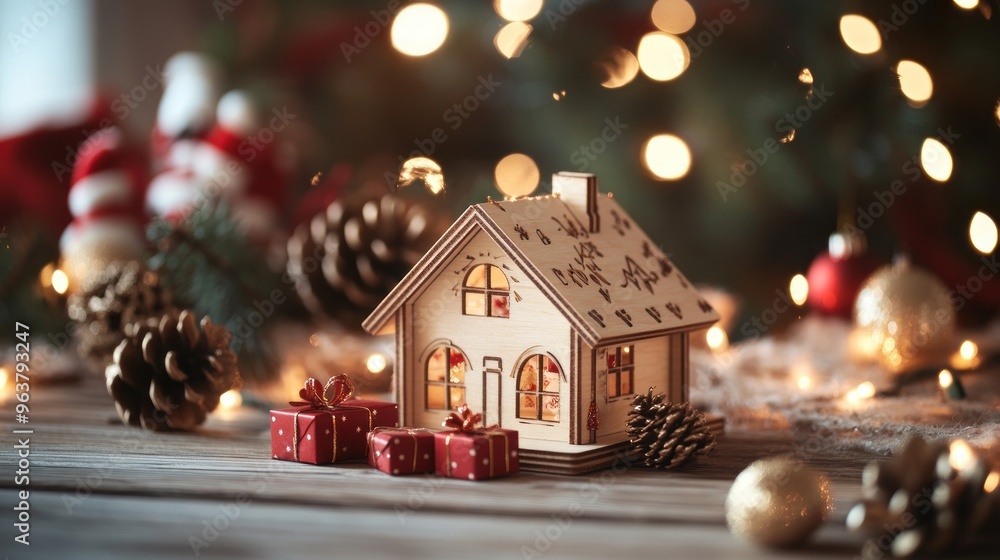 A cozy wooden house with Christmas decorations and gifts, evoking holiday warmth. A cozy wooden house with Christmas decorations and gifts, evoking holiday warmth.