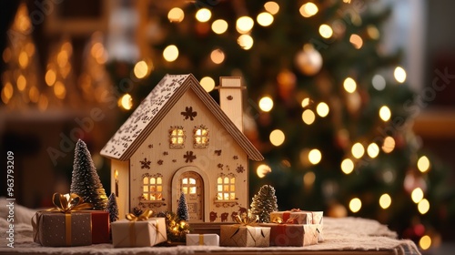 A cozy holiday scene with a decorative wooden house and gifts, illuminated by festive lights.