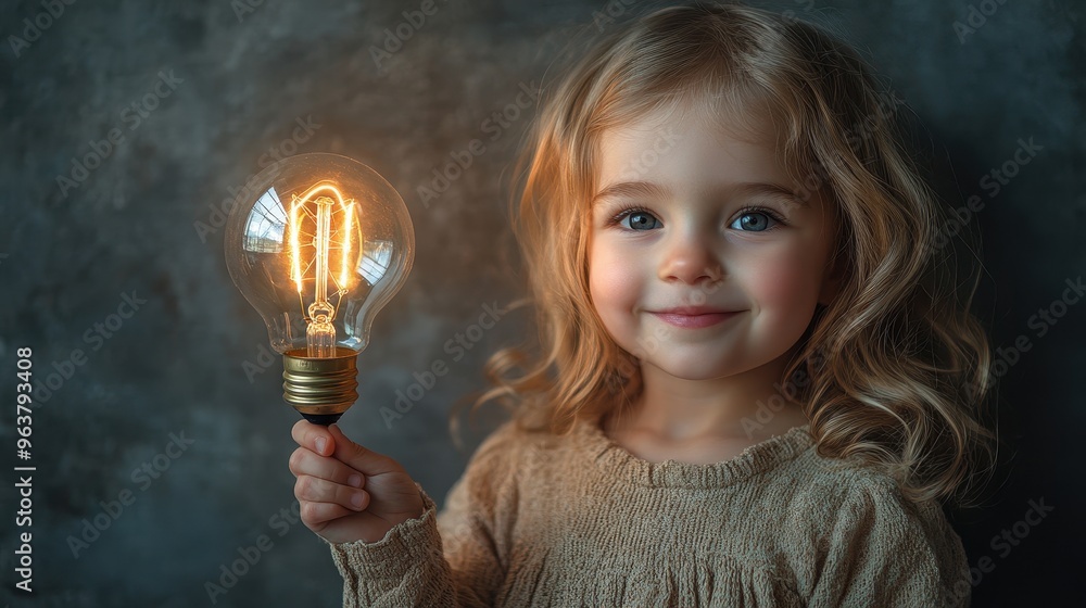 Cute Little Girl Smiling and Pointing at a Glowing Light Bulb on Gray Background, Concept Image for Education-Themed Stock Photo Contest Cute Little Girl Smiling and Pointing at a Glowing Light Bulb on Gray Background, Concept Image for Education-Themed Stock Photo Contest