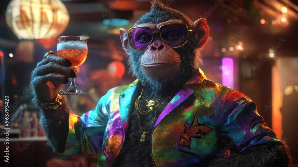 A stylish monkey in a vibrant jacket enjoys a cocktail at a lively party atmosphere. A stylish monkey in a vibrant jacket enjoys a cocktail at a lively party atmosphere.