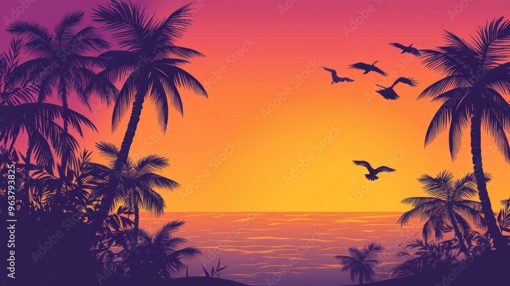 A beautiful sunset over a tropical beach with palm trees in the background A beautiful sunset over a tropical beach with palm trees in the background