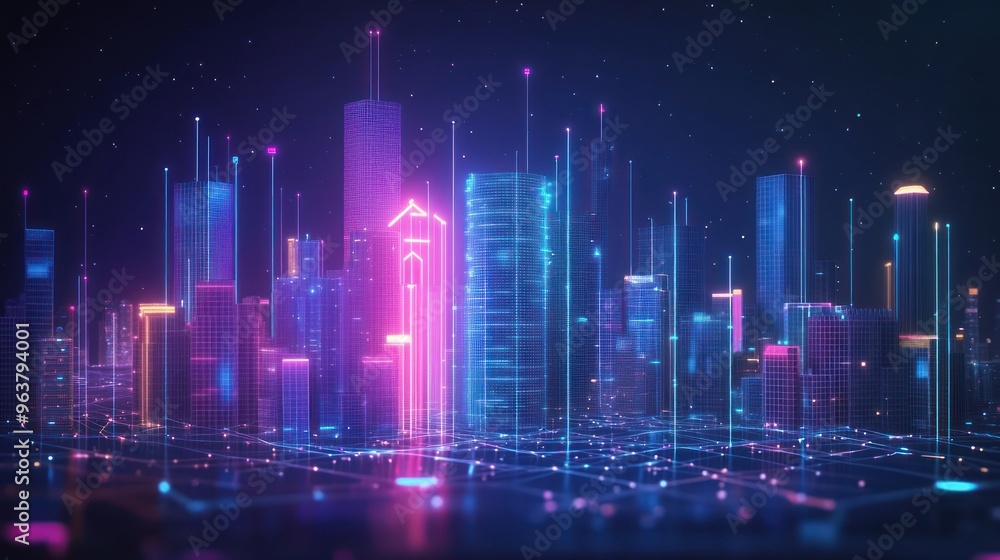 A vibrant, futuristic cityscape with neon lights and digital elements. A vibrant, futuristic cityscape with neon lights and digital elements.
