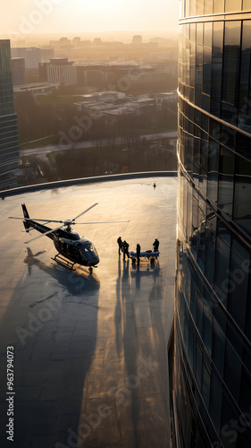 Emergency medical team performs critical helicopter rescue on misty skyscraper helipad. Dramatic urban skyline backdrop showcases highrise architecture and golden hour lighting.