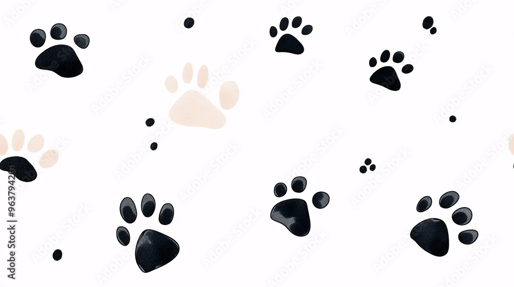 Paw Print Scattered: A playful and minimalist pattern of black and beige paw prints scattered against a white background. Perfect for pet-themed designs, home decor, and more. Paw Print Scattered: A playful and minimalist pattern of black and beige paw prints scattered against a white background. Perfect for pet-themed designs, home decor, and more.