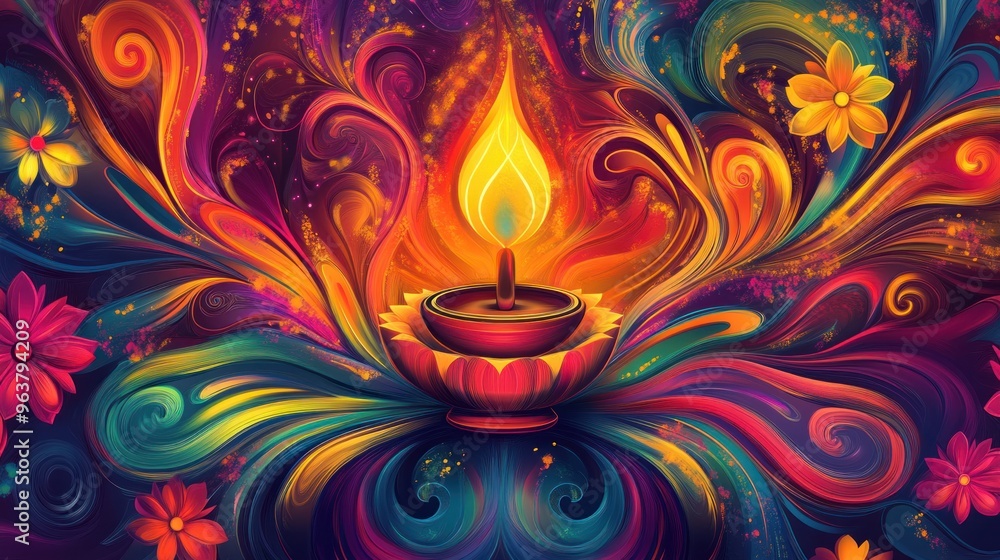 Fototapeta premium A colorful painting of a candle in a bowl with a flame