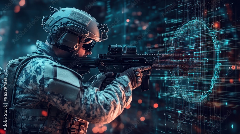 A soldier aiming a weapon, surrounded by digital data and technology visuals. A soldier aiming a weapon, surrounded by digital data and technology visuals.