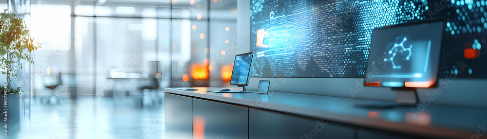 AI Enhanced Workspace Background: Glossy Modern Office with Seamlessly Integrated AI Devices, Highlighting Innovation, Productivity, and High-Tech Environment for Photo Stock Concept AI Enhanced Workspace Background: Glossy Modern Office with Seamlessly Integrated AI Devices, Highlighting Innovation, Productivity, and High-Tech Environment for Photo Stock Concept