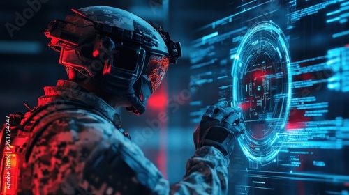 A soldier interacts with a futuristic digital interface displaying data and holographic elements.