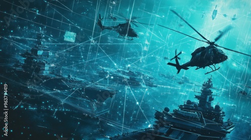 A blue and white image of a helicopter flying over a ship