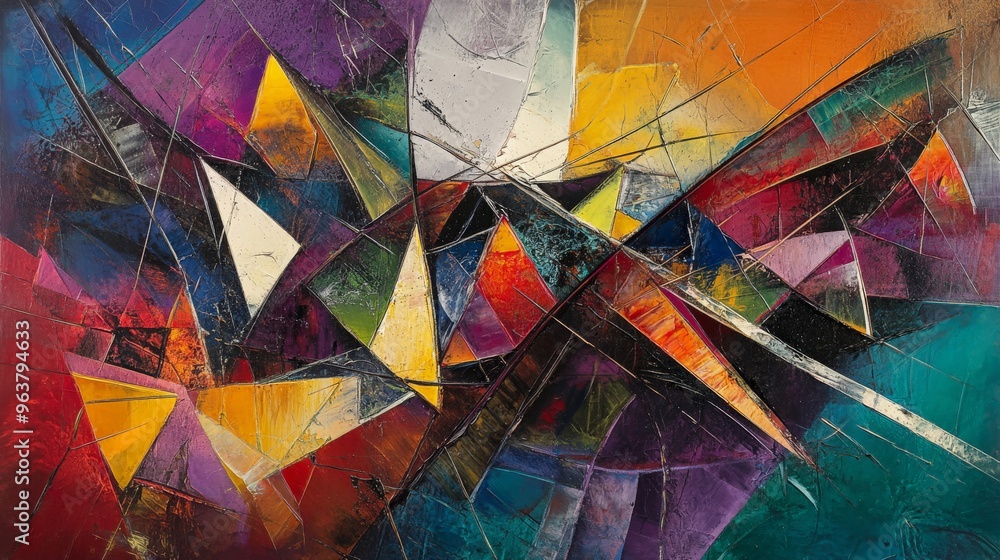 Fototapeta premium Vibrant abstract painting with geometric shapes and bold colors, creating a dynamic and energetic visual composition.