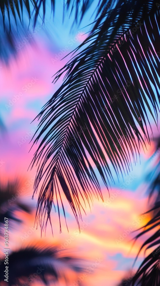Palm tree silhouette against vibrant sunset sky Palm tree silhouette against vibrant sunset sky