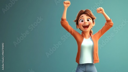 A joyful animated character celebrating with raised arms and a big smile. photo