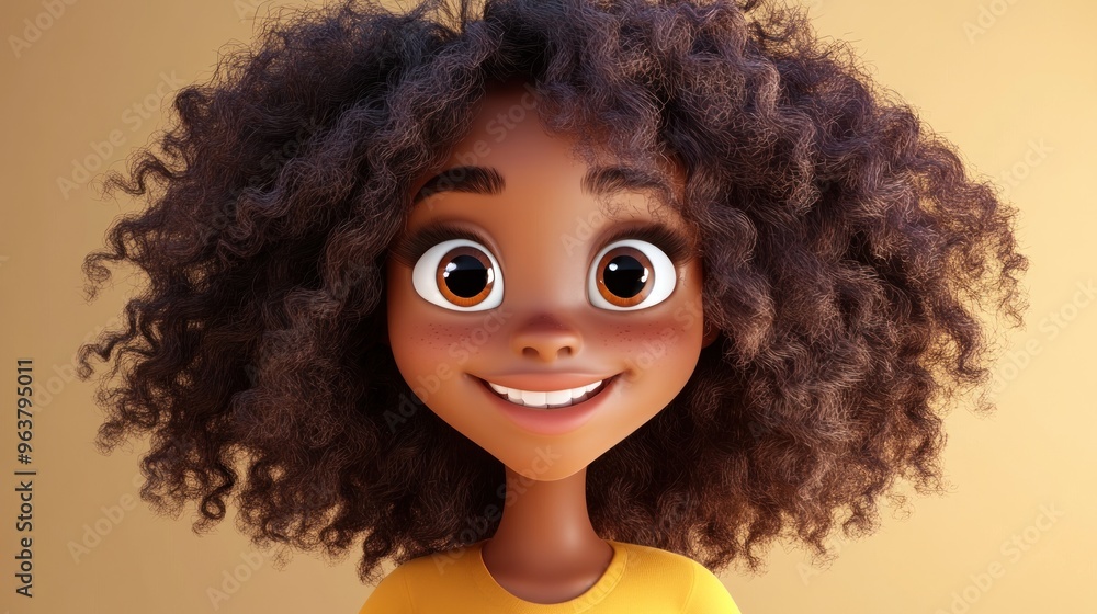 A cheerful animated character with curly hair, smiling against a plain background. A cheerful animated character with curly hair, smiling against a plain background.