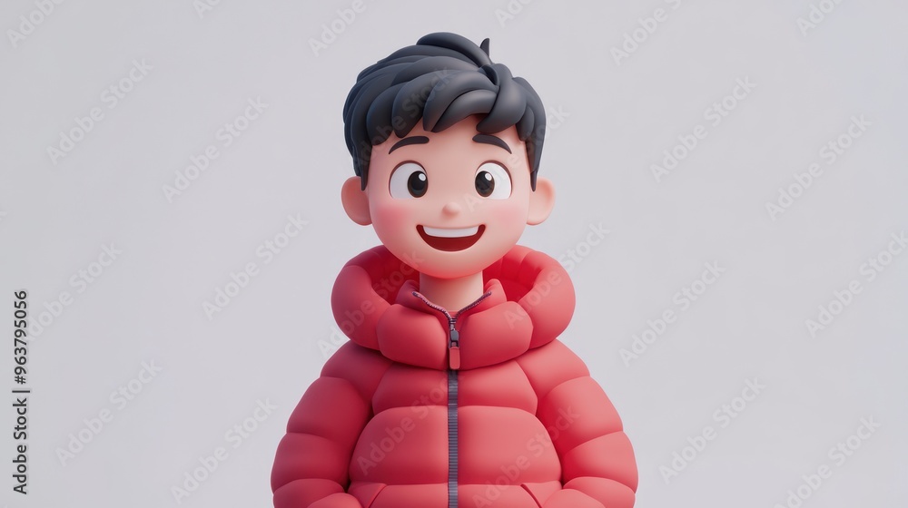 A cheerful animated boy in a red puffer jacket with a friendly smile. A cheerful animated boy in a red puffer jacket with a friendly smile.