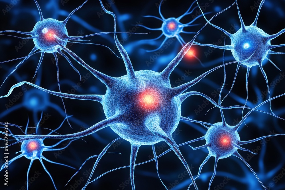 Cerebellum cortico striatal and astrocytes neural network with glowing ...