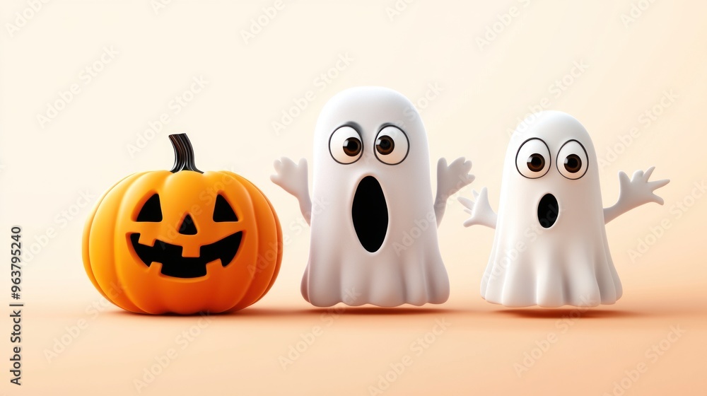 Three pumpkins with scary faces and a ghost Three pumpkins with scary faces and a ghost