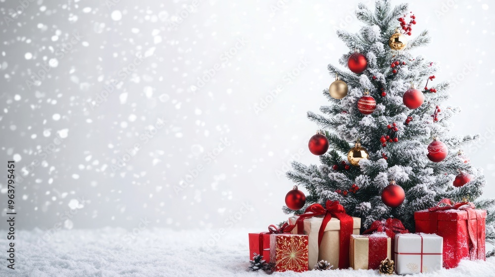 A festive scene featuring a snowy Christmas tree adorned with ornaments and wrapped gifts. A festive scene featuring a snowy Christmas tree adorned with ornaments and wrapped gifts.