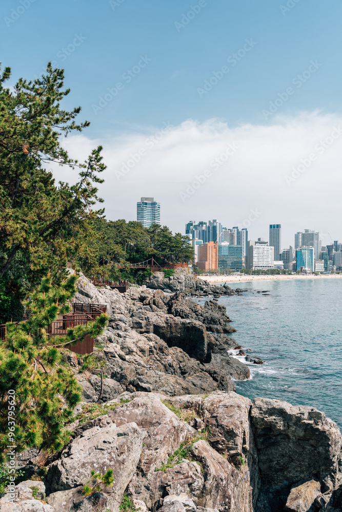 View of Dongbaekseom island and Haeundae Beach in Busan, Korea