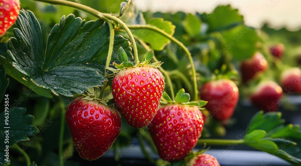 Close Up of Ripe Red Strawberries on the Vine Close Up of Ripe Red Strawberries on the Vine