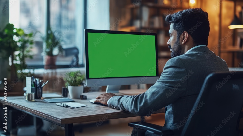 A man in a suit working at a desk with a computer displaying a green screen. A man in a suit working at a desk with a computer displaying a green screen.