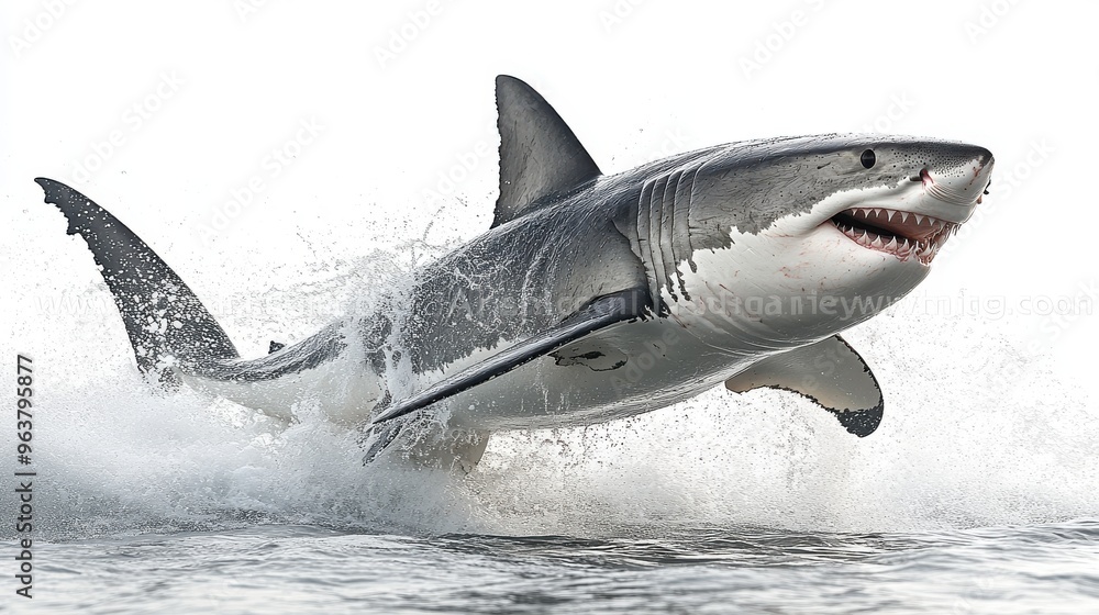 Fototapeta premium Great white shark mid-jump, isolated on white