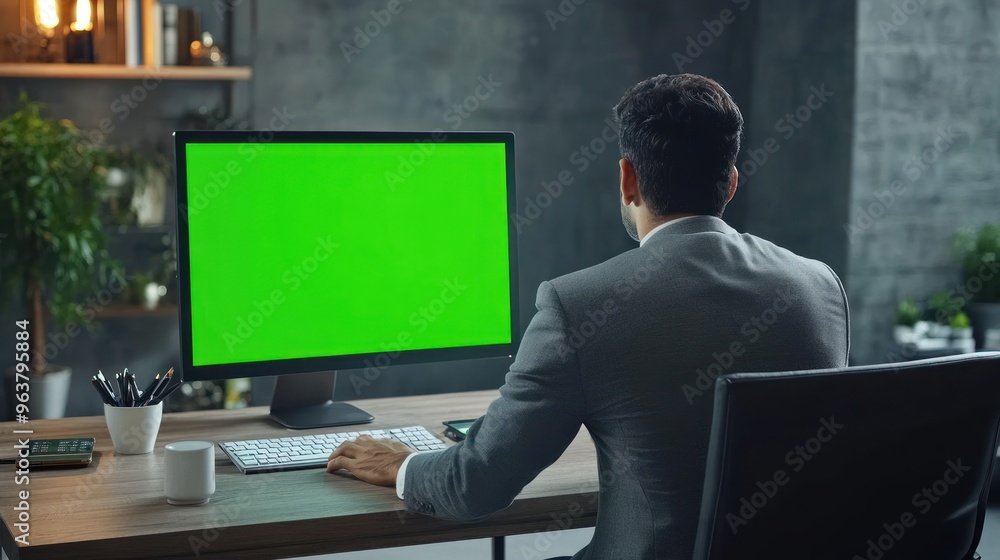 A man in a suit sits at a desk facing a blank green screen monitor. A man in a suit sits at a desk facing a blank green screen monitor.