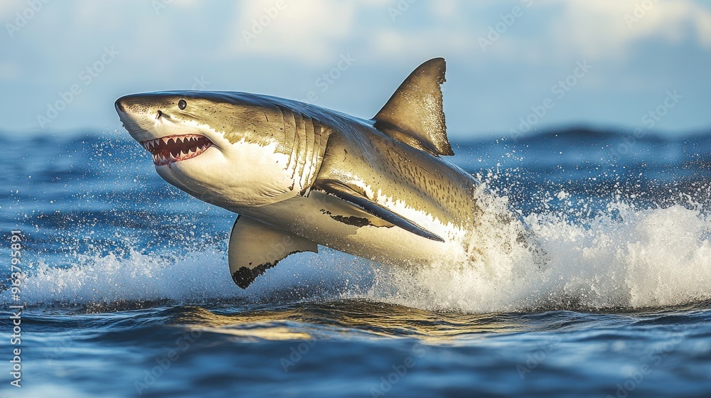 Fototapeta premium Great white shark mid-jump, isolated on white