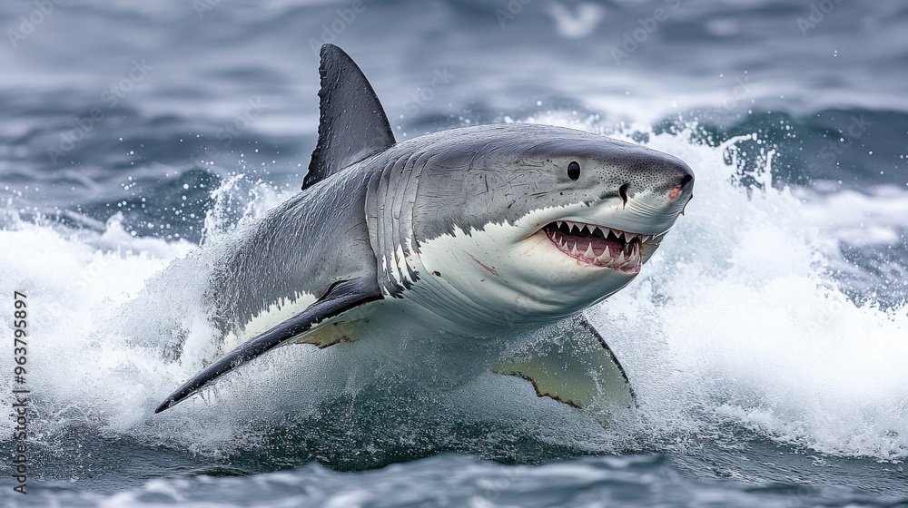 Fototapeta premium Great white shark mid-jump, isolated on white