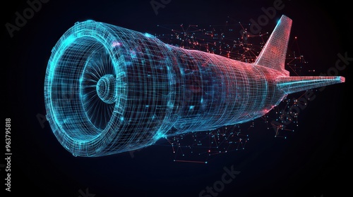 A jet engine with a red and blue design