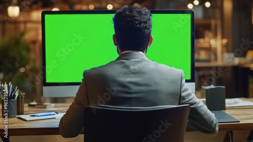 A man in a suit sits at a desk facing a blank green screen computer monitor.