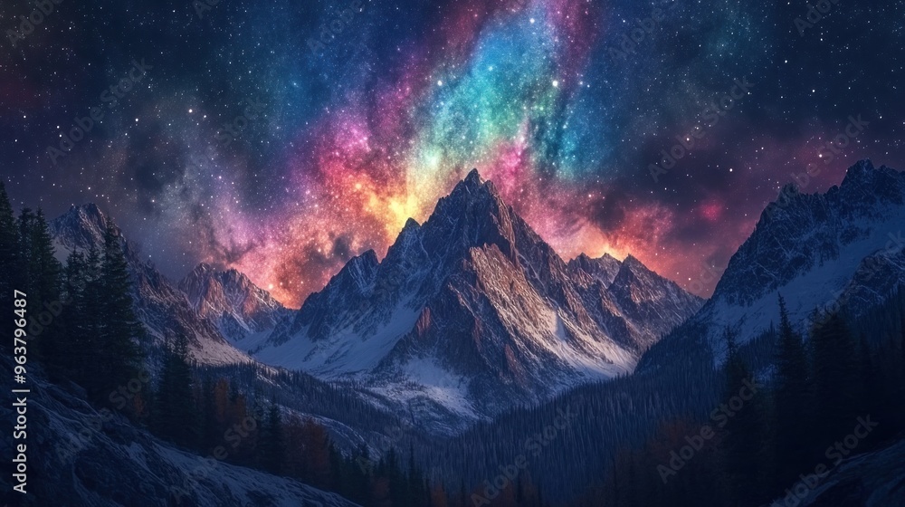 A stunning mountain landscape illuminated by a vibrant galaxy in the night sky. A stunning mountain landscape illuminated by a vibrant galaxy in the night sky.