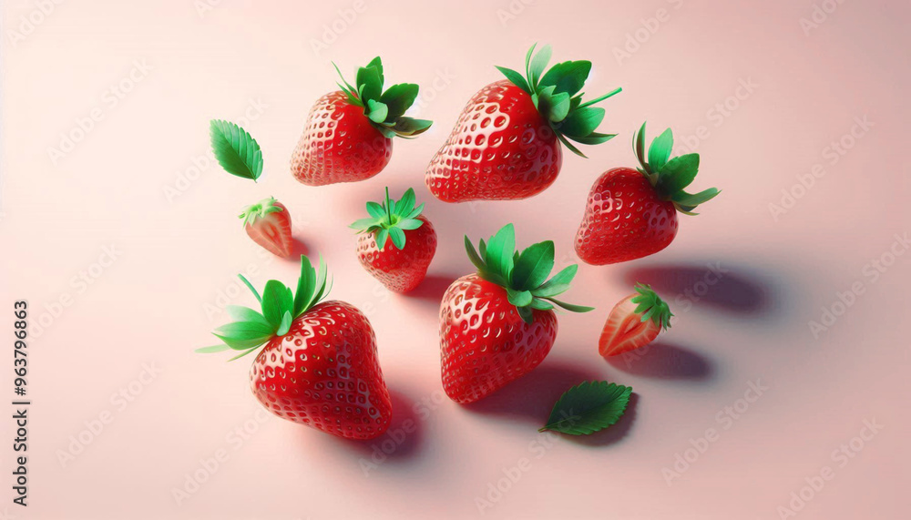 strawberries on a soft light pink background with leaves and cut strawberries on a soft light pink background with leaves and cut