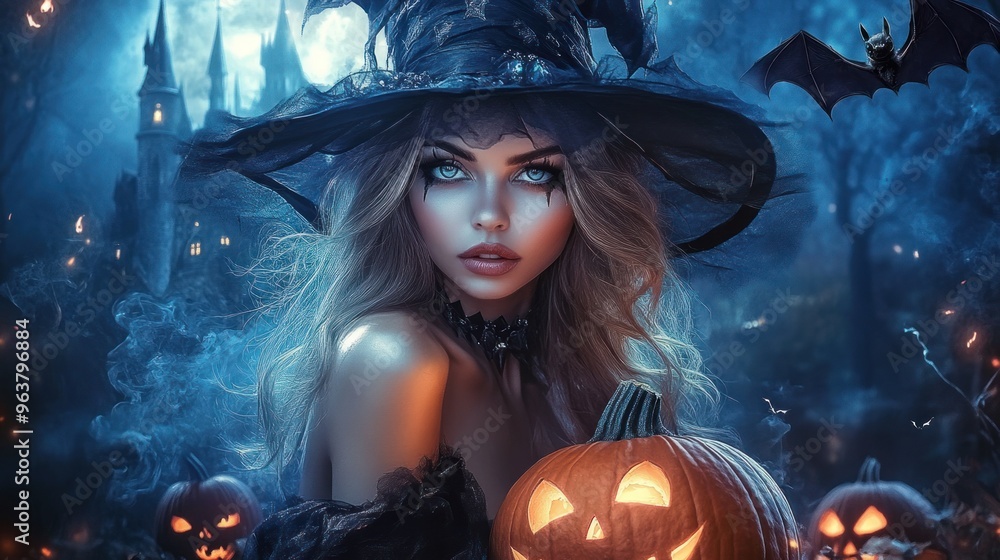 A woman in a witch hat is holding a pumpkin and surrounded by pumpkins A woman in a witch hat is holding a pumpkin and surrounded by pumpkins