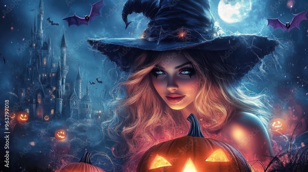 A woman in a witch hat is holding a pumpkin and surrounded by pumpkins A woman in a witch hat is holding a pumpkin and surrounded by pumpkins