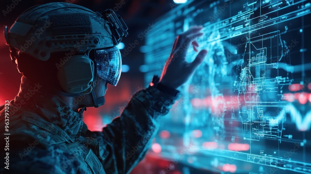 A soldier interacts with a futuristic holographic interface, showcasing advanced technology. A soldier interacts with a futuristic holographic interface, showcasing advanced technology.