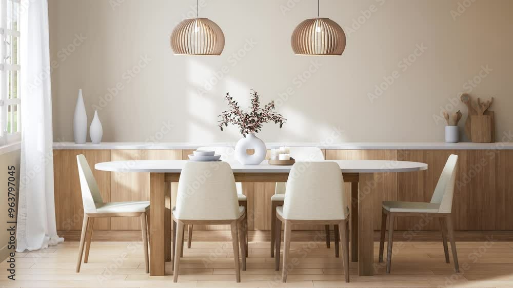 Animation of modern contemporary style dining room interior 3d render there are wooden floor, Decorated with wooden table and white fabric chair, large sunlight entering the room. Animation of modern contemporary style dining room interior 3d render there are wooden floor, Decorated with wooden table and white fabric chair, large sunlight entering the room.