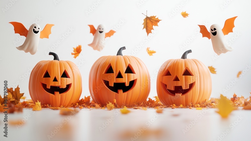 Three pumpkins with orange faces and bats flying in the background Three pumpkins with orange faces and bats flying in the background
