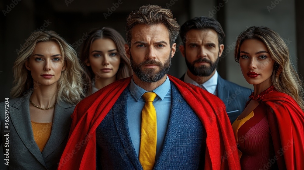 Full-Body Portrait of Five Business People in Suits and Red Capes, Featuring a Handsome Muscular Man with Short Beard in Blue Suit and Yellow Tie, and a Beautiful Woman Posing as a Superhero, Studio Full-Body Portrait of Five Business People in Suits and Red Capes, Featuring a Handsome Muscular Man with Short Beard in Blue Suit and Yellow Tie, and a Beautiful Woman Posing as a Superhero, Studio
