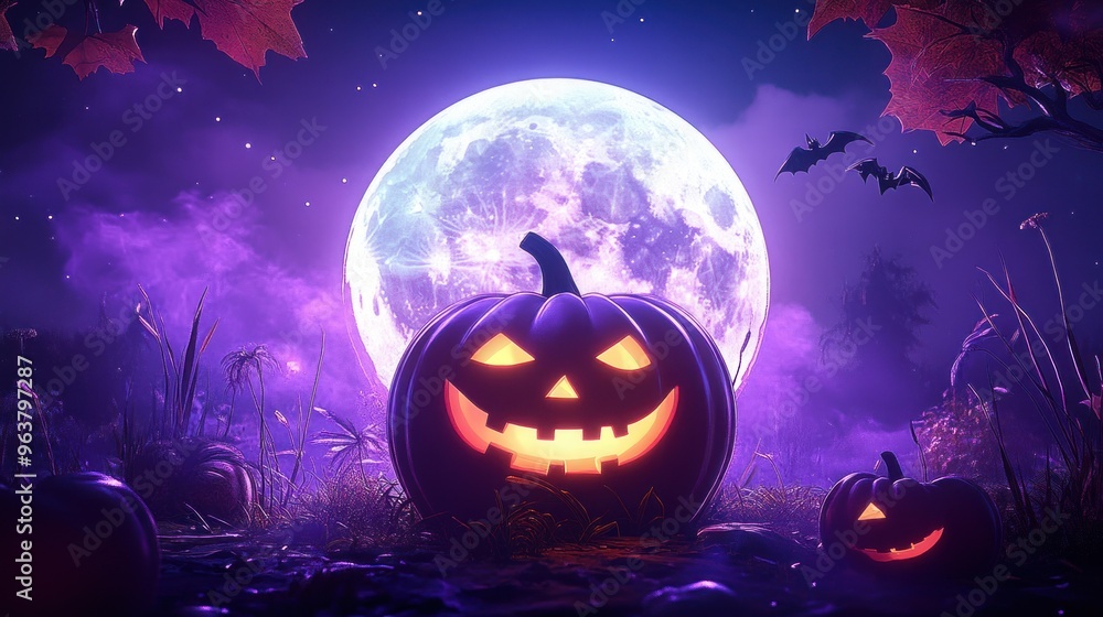 A glowing pumpkin with a smiling face is placed in front of a full moon A glowing pumpkin with a smiling face is placed in front of a full moon