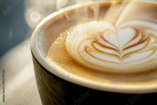 Steaming cup of latte art