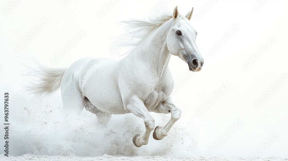 Fototapeta premium Horse with mane flowing on white background