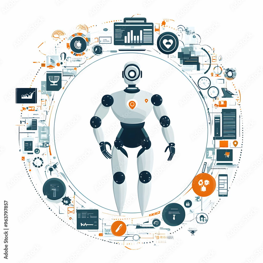 Fototapeta premium Flat AI Automation Cost Efficiency Concept: Sleek Border Frame with AI Icons & Cost Symbols in Simple Vector Design for Business