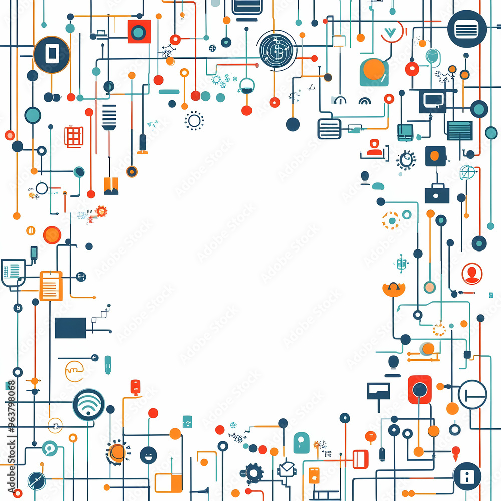Obraz premium Modern Flat AI Circuitry and Financial Icons Frame - Symbolizing Technology Integration in Financial Management with Copy Space for Customization