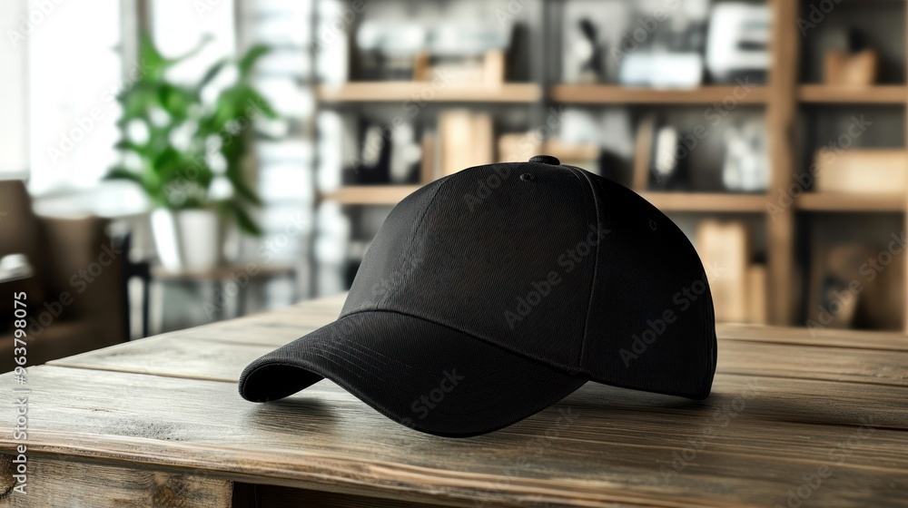 A black cap resting on a wooden table in a stylish interior setting. A black cap resting on a wooden table in a stylish interior setting.