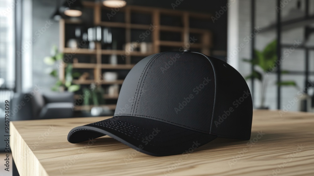 A sleek black cap resting on a wooden table in a modern interior setting. A sleek black cap resting on a wooden table in a modern interior setting.